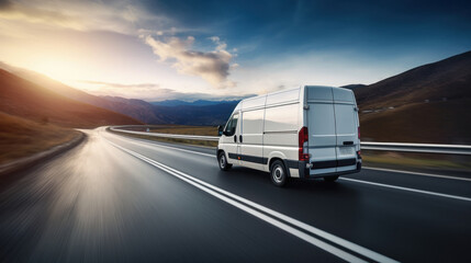 Delivery Van moving on highway - obrazy, fototapety, plakaty