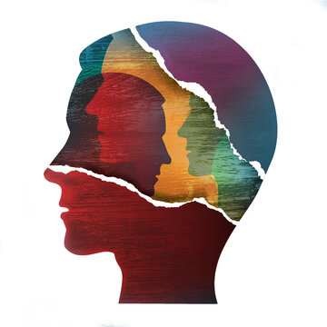 Schizophrenia, Bipolar disorder, mental health concept. Ripped paper Male head stylized silhouettes.Isolated on white background.