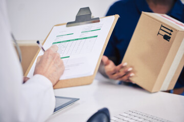 Doctor, delivery and hand with box at pharmacy for signing document with medication or logistics. Healthcare, worker and receive pharmaceutical stock with courier package with service person. - obrazy, fototapety, plakaty