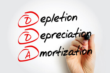DDA Depletion Depreciation Amortization - accounting technique that a company uses to match the cost of an asset to the revenue generated by the asset, acronym text concept background - obrazy, fototapety, plakaty