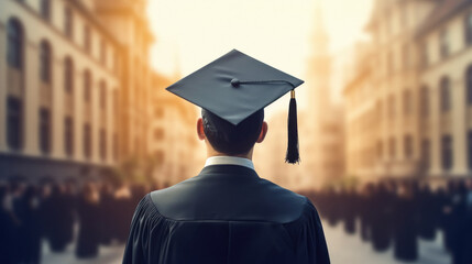 Young boy wearing cap and academic gown after complete his degree