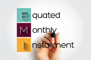 EMI Equated Monthly Installment - fixed payment amount made by a borrower to a lender at a specified date each calendar month, acronym text with marker - obrazy, fototapety, plakaty