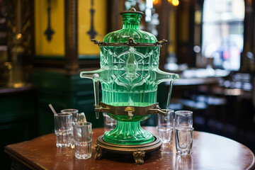 Absinthe fountain and green alcoholic drinks