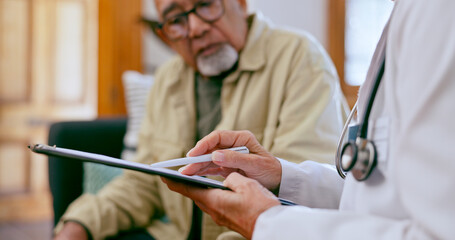 Senior man, doctor and clipboard for healthcare, discussion and checkup in nursing home. Elderly person, medical professional and diagnosis or advice, exam and results for consultation in retirement
