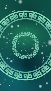 Relaxing ambient motion graphic with circular ornamental patterns in Greek fret style on a gradient cool colors background. Seamless looping animated gradient background for vertical video.