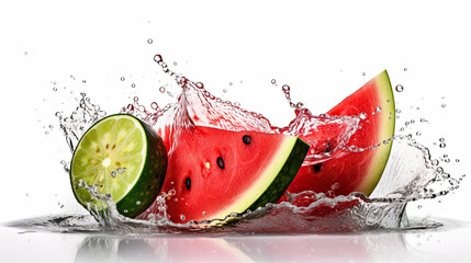 Watermelon slices are being thrown into a water splash.