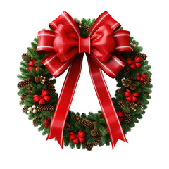 christmas wreath with red ribbon isolated on transparent background