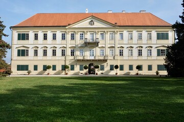 Valtice Castle, photo of the park from the back side. Baroque castle located in the town of Valtice in the district of Breclav in the Czech Republic. Since 1995 it has been protected as a national