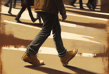 Fototapeta premium The rhythm of the streets of the business center of the city. Legs of unrecognizable people who are walking in a crowd. AI generative.