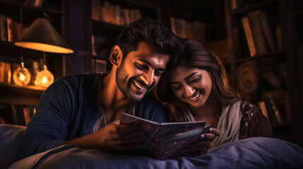 young indian couple reading book at home