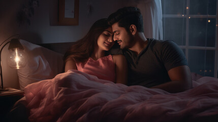 young indian couple spending time together at home - obrazy, fototapety, plakaty