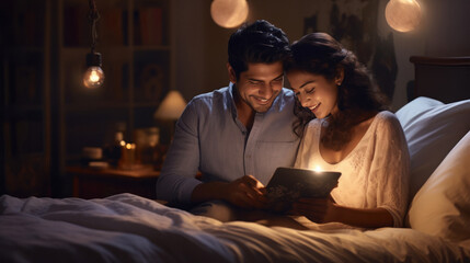 young indian couple using tablet - obrazy, fototapety, plakaty