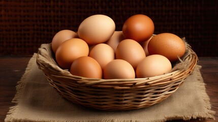 Chicken eggs in a basket. Generative AI