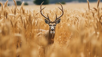 Beautiful roe deer standing in a grain field. Deer in the nature habitat. Generative AI