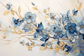 Blue flowers create design on white background. Generative AI