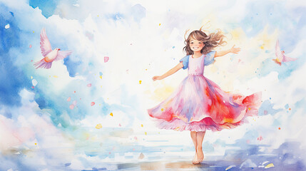 Little smiling girl in dress on light background. Impressionism style. Happy child