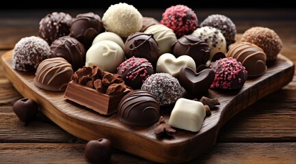 Dark, milk and white chocolate candies / pralines / truffles, assorted on wooden table. Generative...