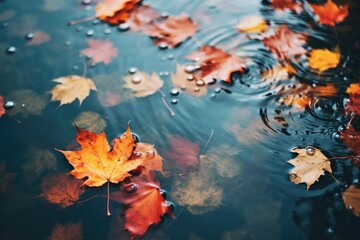 Fototapeta na wymiar Colorful fall leaves in pond lake water, floating autumn leaf. Generative AI