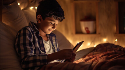 Little boy using smartphone till late night in his bedroom - obrazy, fototapety, plakaty