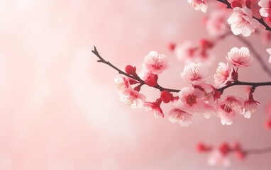 Spring Festival poster. Pink Sakura cherry blossom on white background. de focus, copy space. AI Generative