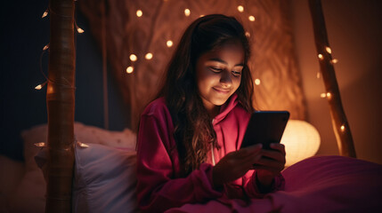 Girl using mobile phone till late night in her bedroom - obrazy, fototapety, plakaty