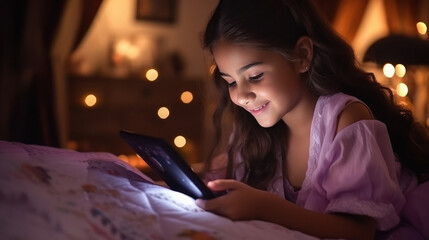 Little girl child using digital tablets till late night - obrazy, fototapety, plakaty