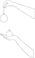 Hands illustration holding Christmas ball ornaments isolated on white