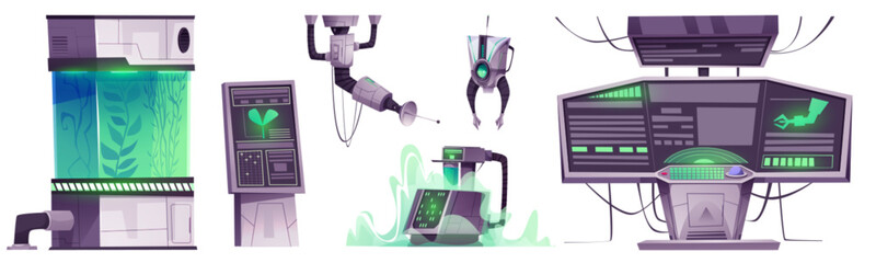 Equipment and machinery for space research laboratory. Cartoon interior elements for scientific experiments on spaceship - computers and monitors with graphs, robots and plants in capsule with liquid. © klyaksun