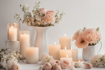 Burning candles and white roses on a wooden table