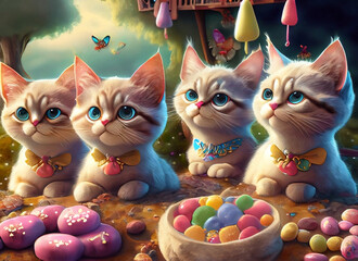 A group of cute cats in candy land