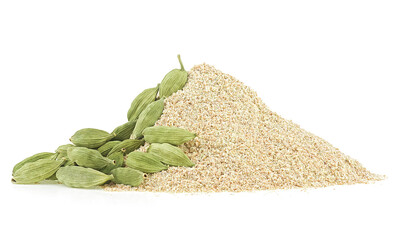 Spice green cardamom powder and whole capsules isolated on a white background. Ground cardamom and...