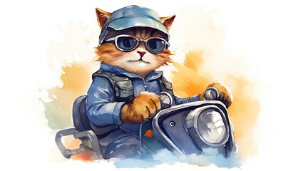 Watercolor illustration of cat on motorcycle. Funny art
