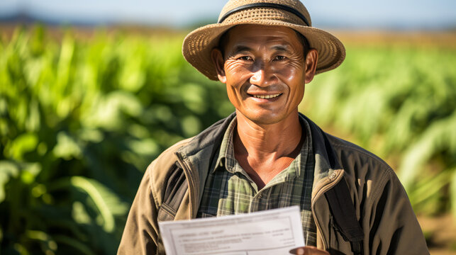 Southeast Asian farmer with sustainable farming certificate.
