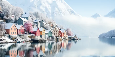 Badezimmer Foto Rückwand Reflection Scandinavian winter peaceful landscape of foggy morning in a Norwegian fjord village, with soft pastels of the houses reflecting in calm water. Beautiful mountain landscape in winter. Copy space