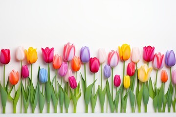 Photo of a colorful tulip garden with a solid white background. Generative AI