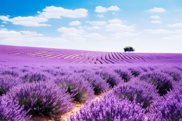Photo of a fragrant lavender field against a solid white background. Generative AI