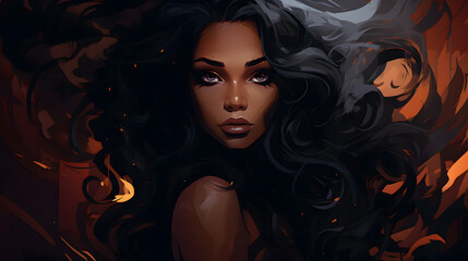 Mystical Woman with Flowing Hair Surrounded by Flames and Swirls, Intense Gaze with Reddish Highlights, Dark Atmosphere.