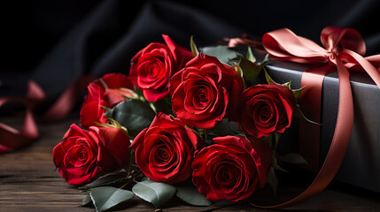 Red roses and gift box on wooden table. 