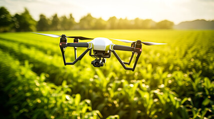 Drone surveying healthy crops in lush cornfield. - obrazy, fototapety, plakaty