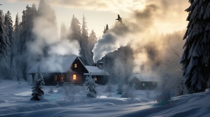 Old house in the woods, winter cabin retreat in snowy forest at dusk - obrazy, fototapety, plakaty