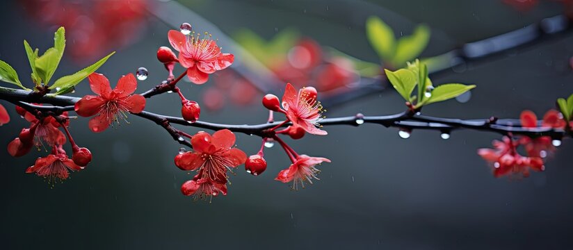 Raindrops on red branches with little green leaves in springtime Blossoming trees in garden with water hanging off branches shallow depth of field