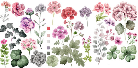 pink flowers and leaves decorate watercolor collection of hand drawn illustration , elegant watercolor , isolated transparent background, PNG.