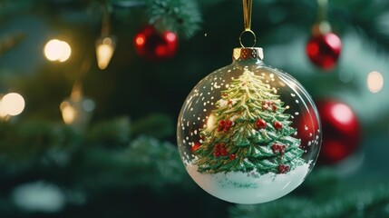 Obraz premium Christmas and New Year holiday background. Christmas decorations ball hanging on the Christmas tree. Xmas festive