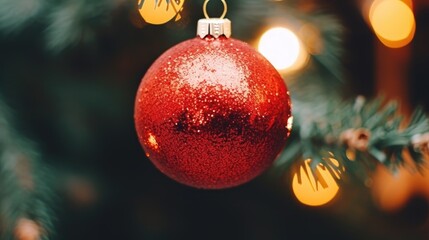 Christmas and New Year holiday background. Christmas decorations ball hanging on the Christmas tree. Xmas festive