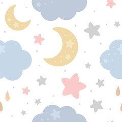 Moon, Sun, Cloud and Stars Cute Seamless Pattern, Cartoon Vector Illustration, Cute Kawaii Cartoon Drawn Background, Isolated Background - 671427113
