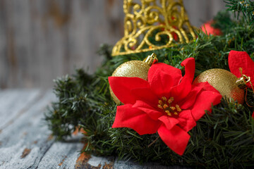 Christmas decorations on wooden table. Christmas background, selective focus.
