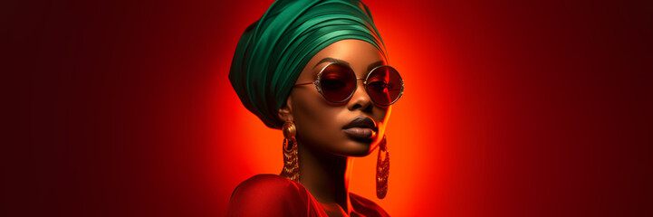 portrait of a black woman with green turban and sunglasses in front of a red banner background with copy space