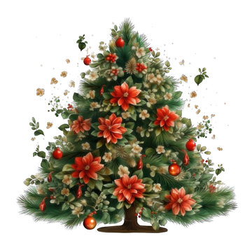 Decorated Christmas tree on transparent background..
