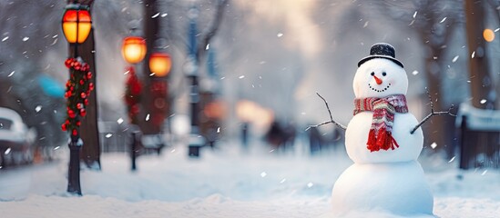 Snowman in snowy street festive adornments in urban setting Russian New Year festivities amidst falling snow