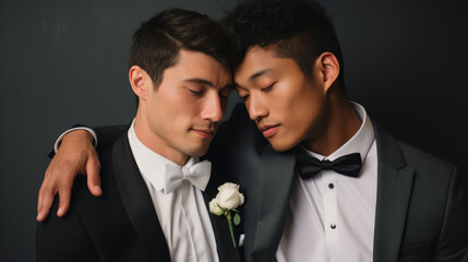 Asian man and white man are in love, two grooms